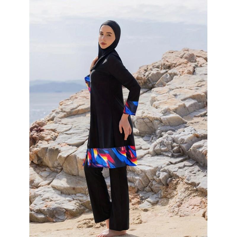 Costume da Bagno Intero da Donna Modesto a Manica Lunga con Copricapo e Pantaloni - Costumi da Bagno con Protezione UV per Spiaggia e Piscina