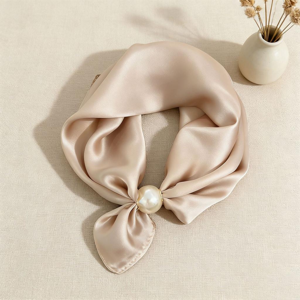 Print Scarf Silk Pearl Buckle Chain Female Lazy Thin Magnetic Collarbone Pendant Wraps Handkerchief Designer Woman Neck Scarf