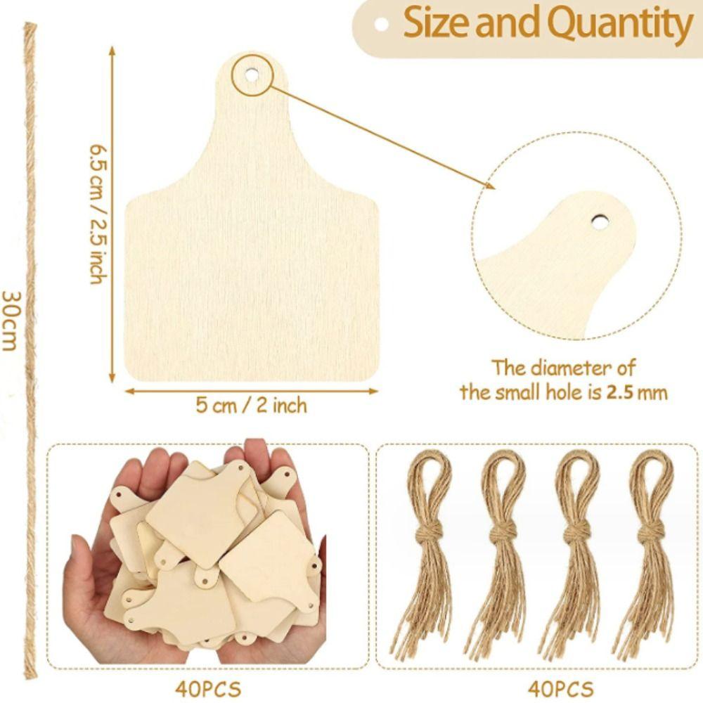 40pcs With Ropes Unfinished Wooden Cutouts Wooden Hanging Cow Tags Cow Ear Tags Cutouts  Home Party