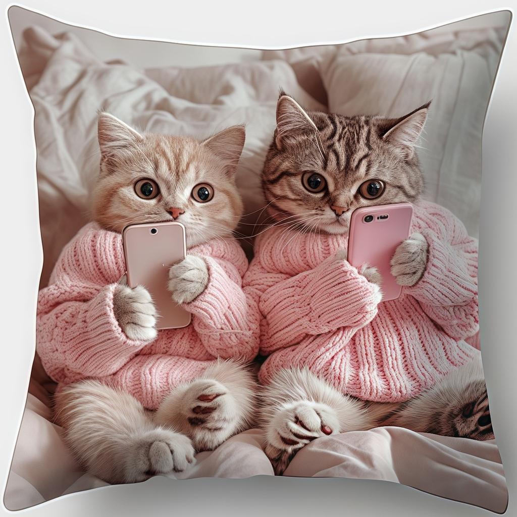 Cute Cats With Phone Pillow Cover Short Plush Polyester Cushion Case Decor Throw Pillowcase Home Deco