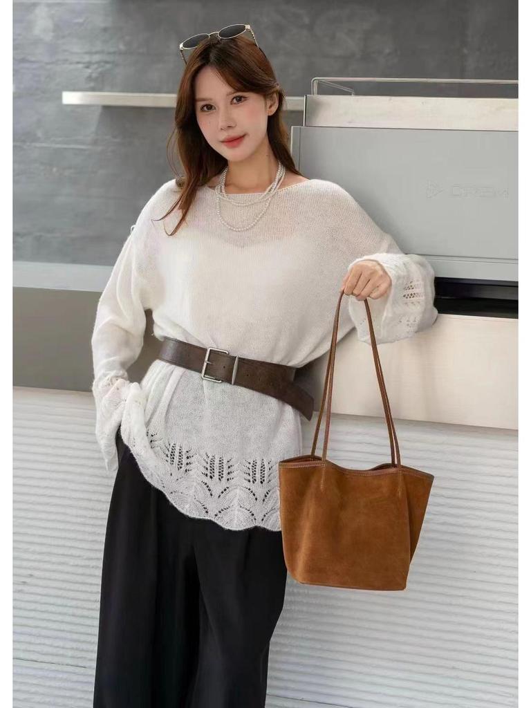 2025 Autumn/Winter Women's Genuine Leather Suede Tote - Large Capacity Bucket Bag