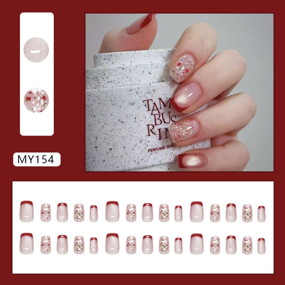 30 Stück Kurze Ballerina-Fingernägel Katzenauge Glänzende Flocken Französische Fake-Nägel Rote Schleife Herz Goldener Schmetterling Nagelspitzen Damen