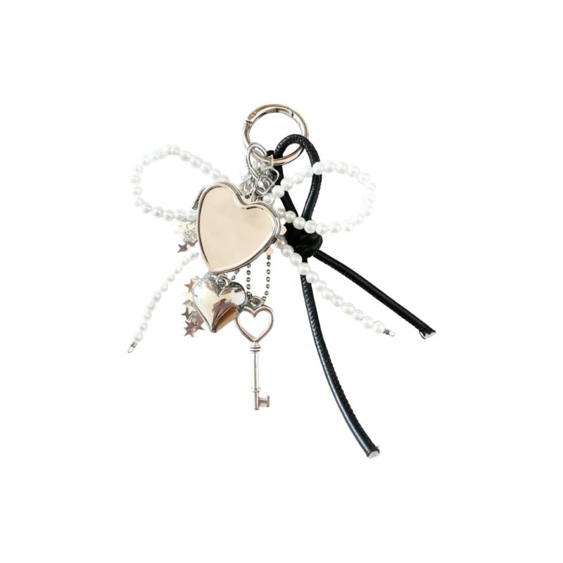 Elegant Pearls Bowknot Keychain Featuring Heart Mirror Perfect for Fashionable Accessories and Daily Practical Carry 1