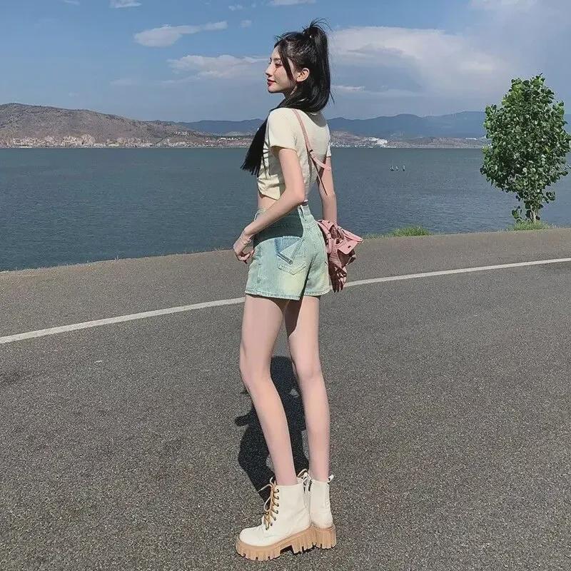 Women's High Waist Retro Denim Skort: A-Line, Anti-Exposure, Small Size