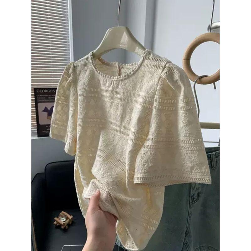 

French Tea Break Machine Embroidery round Neck Short Sleeve Women Sweet Cute All-Match Creamy-white Hollow T-shirt Summer New Arrival Meters apricot S