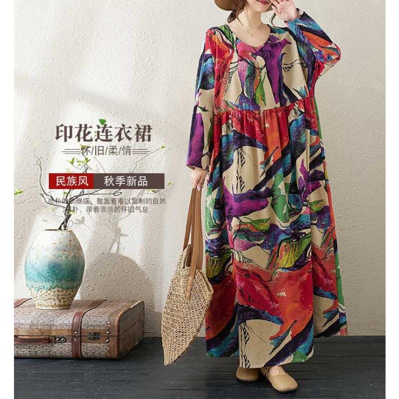 Round Neck Loose Plus Size Literary Plus Long Sleeve Dress