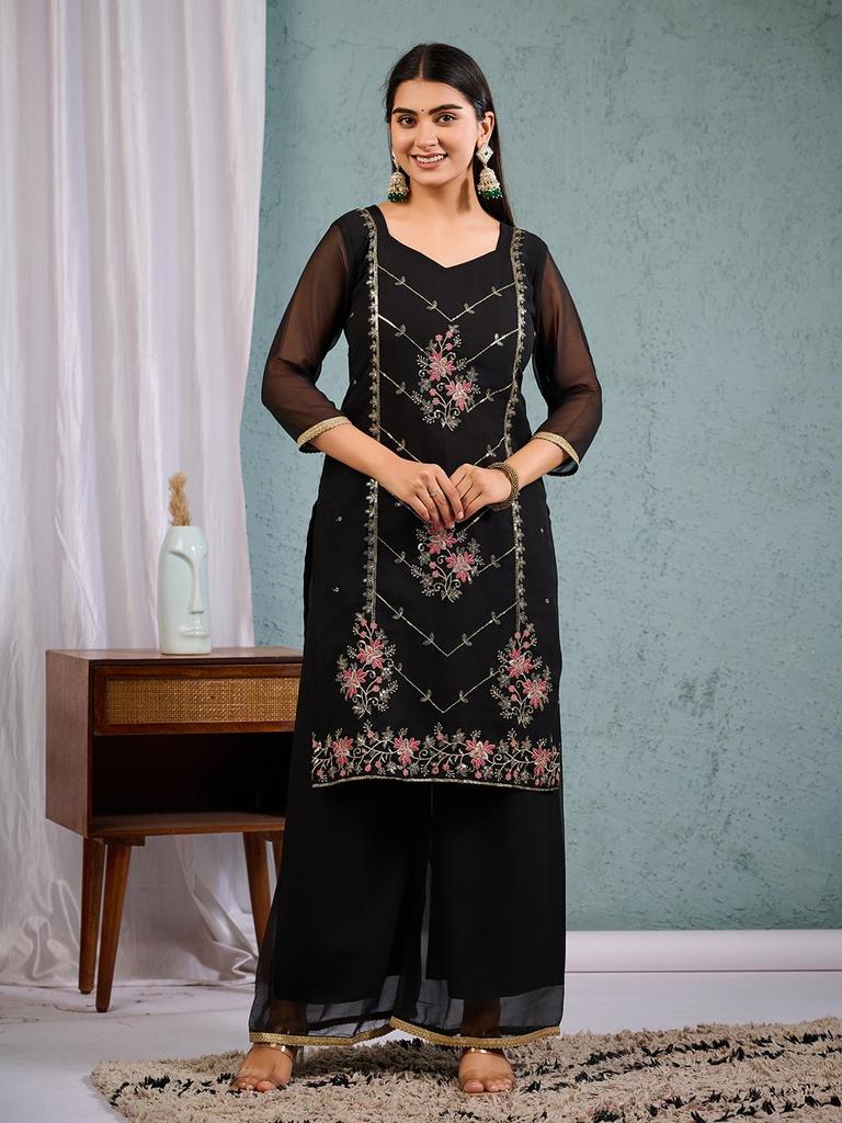 Women Black Embroidered Kurta Palazzo Set with Dupatta Ethnic Party Wear Indian Suit