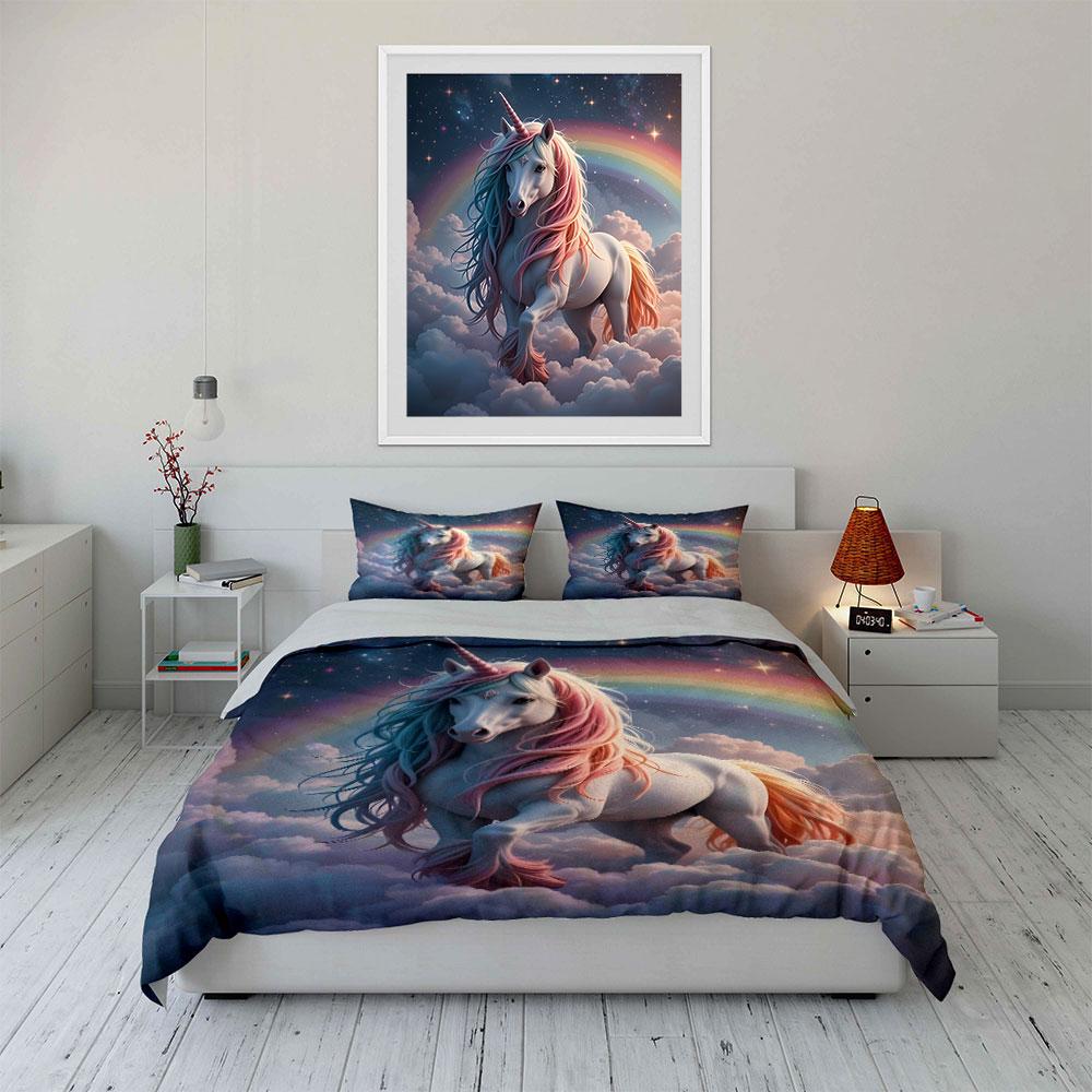 """Einhorn Wolken Dekorationsset" Weiches hautfreundliches Bettwäscheset Enthält 1 Bettbezug und 2 Kissenbezüge Geschenk"""