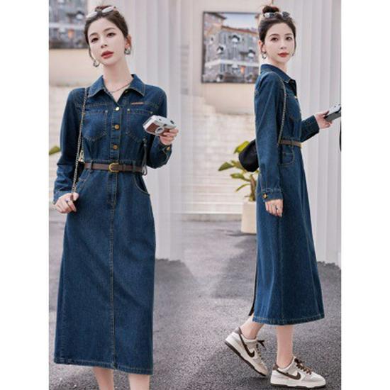 Trendy Slimming Denim Dress for Women - 2026 Spring/Autumn Style with Waist-Cinching, Flattering Fit & Lapel Design