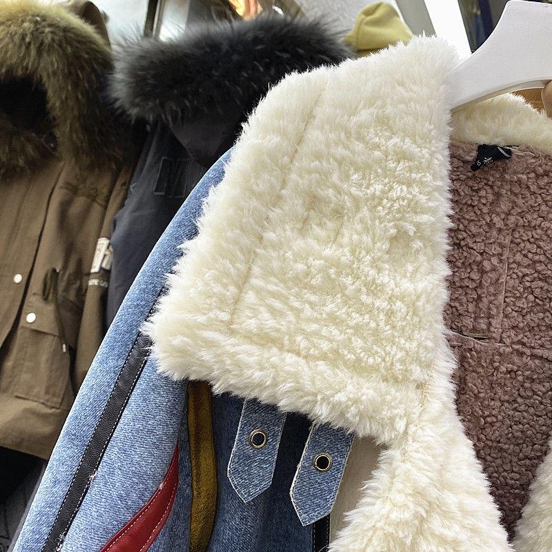 Winter new stand-up collar locomotive suit denim splicing lamb wool jacket women's picture color other