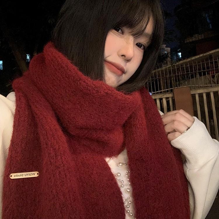 Containing Wool Soft and Waxy Red Knitted Scarf for Women Winter Korean Style Warm Atmosphere Christmas and New Year Scarf