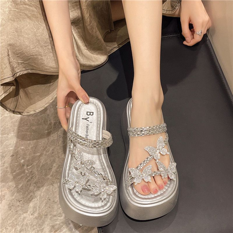 Fashion French Style Platform Slide Sandals With Rhinestones For Women