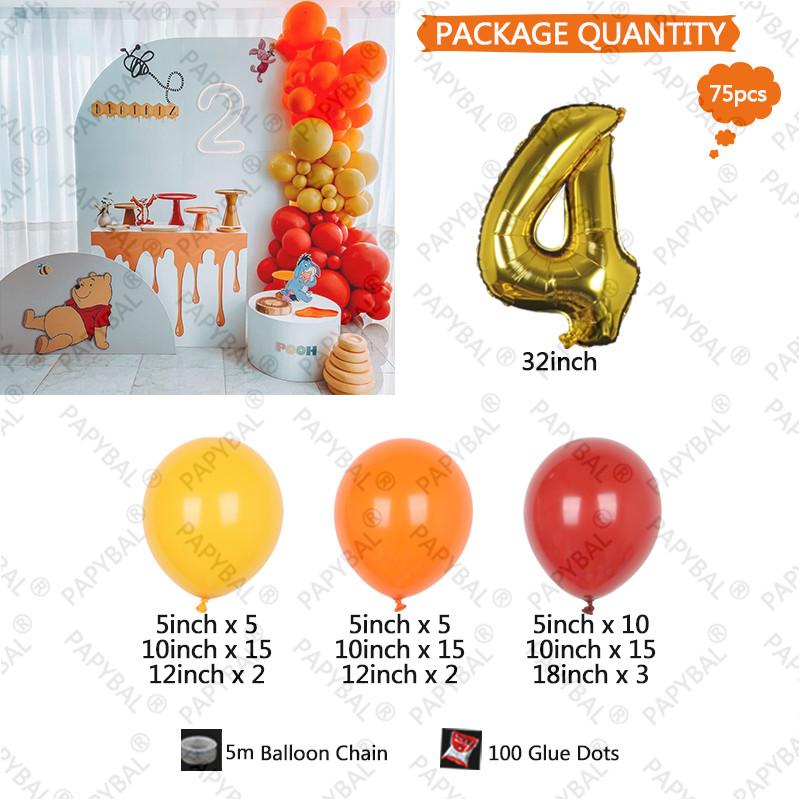 75PCS Yellow Honey Winnie the Pooh Theme 32inch Gold Number Kids Birthday Party Decor Gift Baby Shower Garland Arch Kit Globos