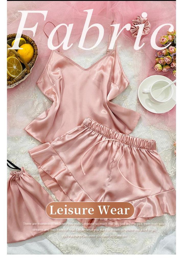 Women's Casual Ice Silk Three-Piece Set: Backless Camisole & Shorts Pajamas