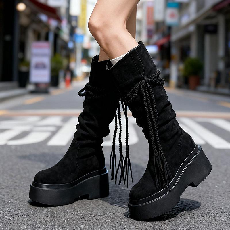 Wasteland Wind Fringed Woven Thick-soled High Knight Boots Women's Small Men Heightened Folds Piled Up But Knee Boots