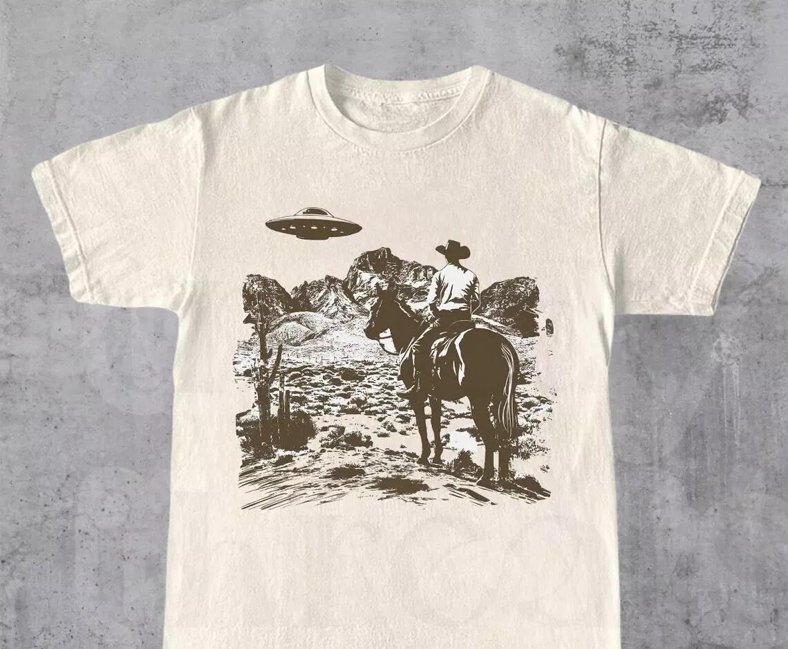 Ufo Western Shirt Retro T-Shirt Vintage Cowboy TShirt Rodeo Unisex T-Shirt XXXXL