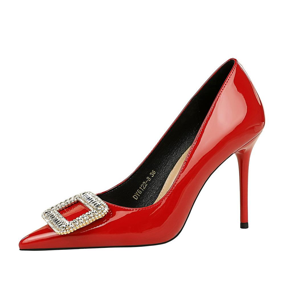 Fashion Western Style Pumps Women Shoes 10cm Thin Heels Glossy Patent Leather Shallow Pointed Toe Metal Crystal Buckle Pumps Black Red