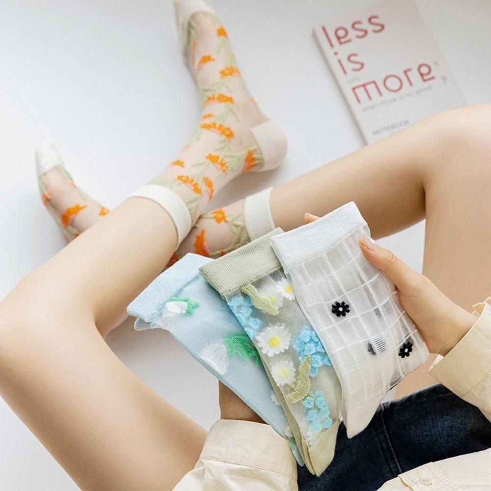 Crystal Silk Floral Embroidery Socks Ultra-Thin Nylon Long Socks Chic Mid-Tube Socks Cosplay