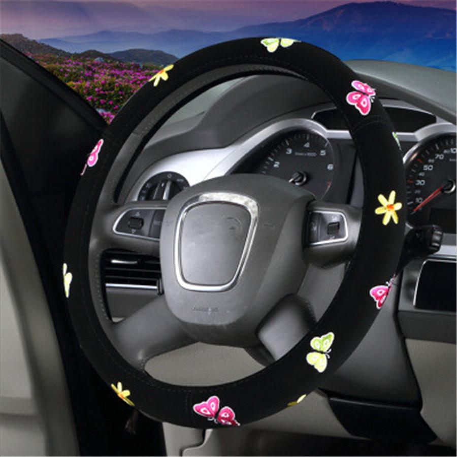 Universal 38cm Butterfly Flower Embroidery Car SUV Interior Steering Wheel Cover