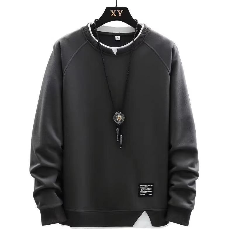 Trendy Men's Solid Color Round Neck Sweatshirt: Stylish, Comfortable, Loose Fit, and Fake Two-Piece Design for Autumn/Winter.