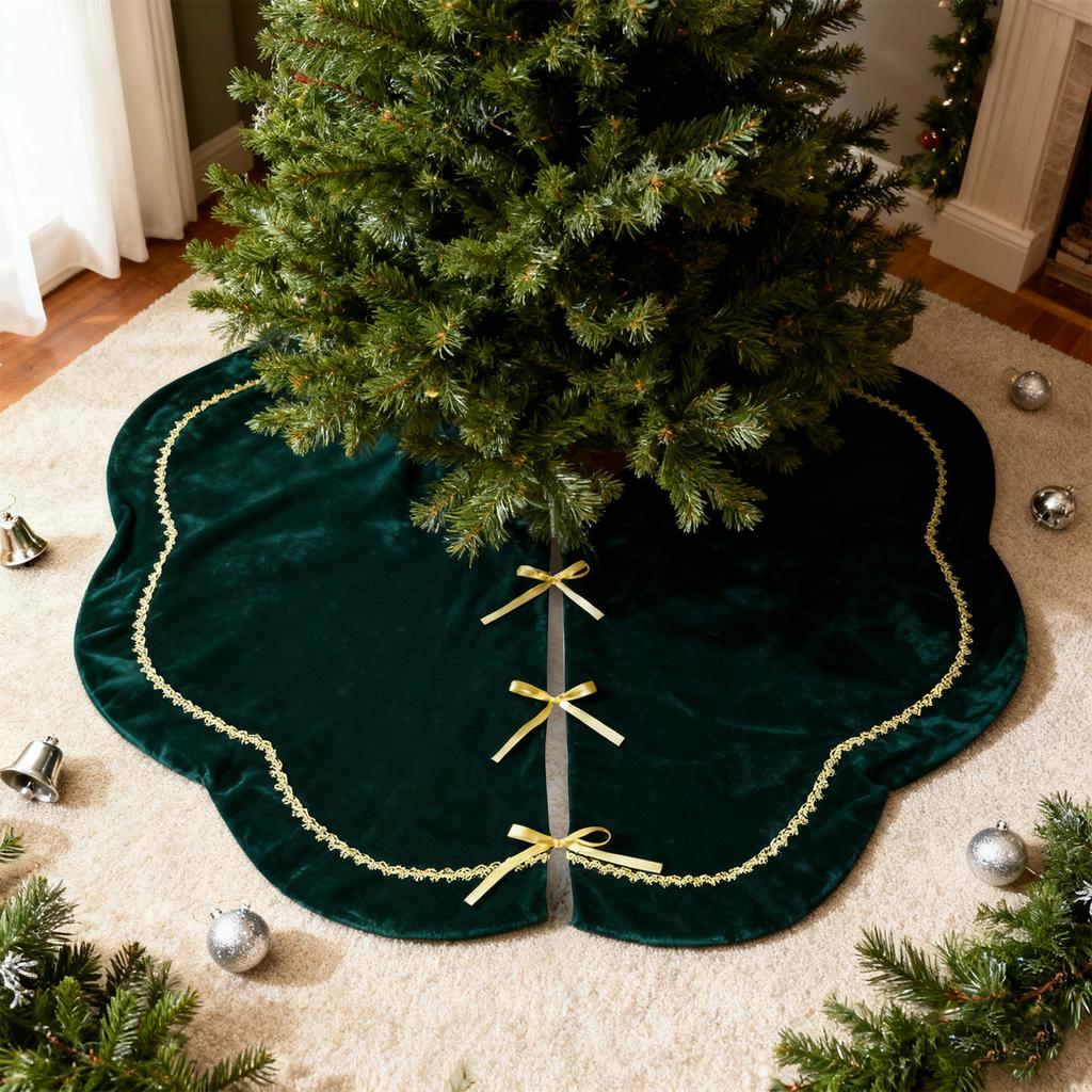 Christmas Tree Skirt, Green Velvet Tree Skirt With Gold Lace Trim And Closure, Suitable For 8, 0-foot Tall Trees, Large Tree Skirt