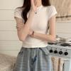 Right Shoulder Pink Short-sleeved Cotton T-shirt for Women Summer 2025 New Hot Girl Tight Design Short Small Stand-up Collar Inner Top