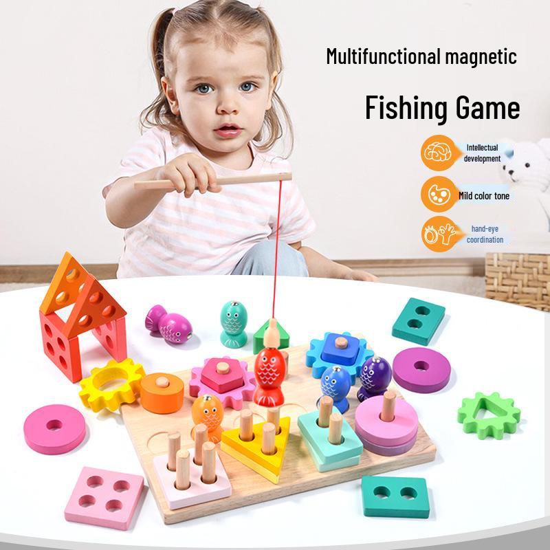 Wooden Geometric Shape Matching Board: Educational Toy for Toddlers with Magnetic Fishing, Stacking Rings, and Gears