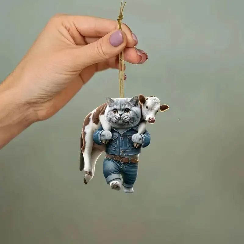 Cat Carrying Cow Christmas Home Christmas Tree Ornaments Acrylic Flat Pendant Car Pendant Keychain Pendant