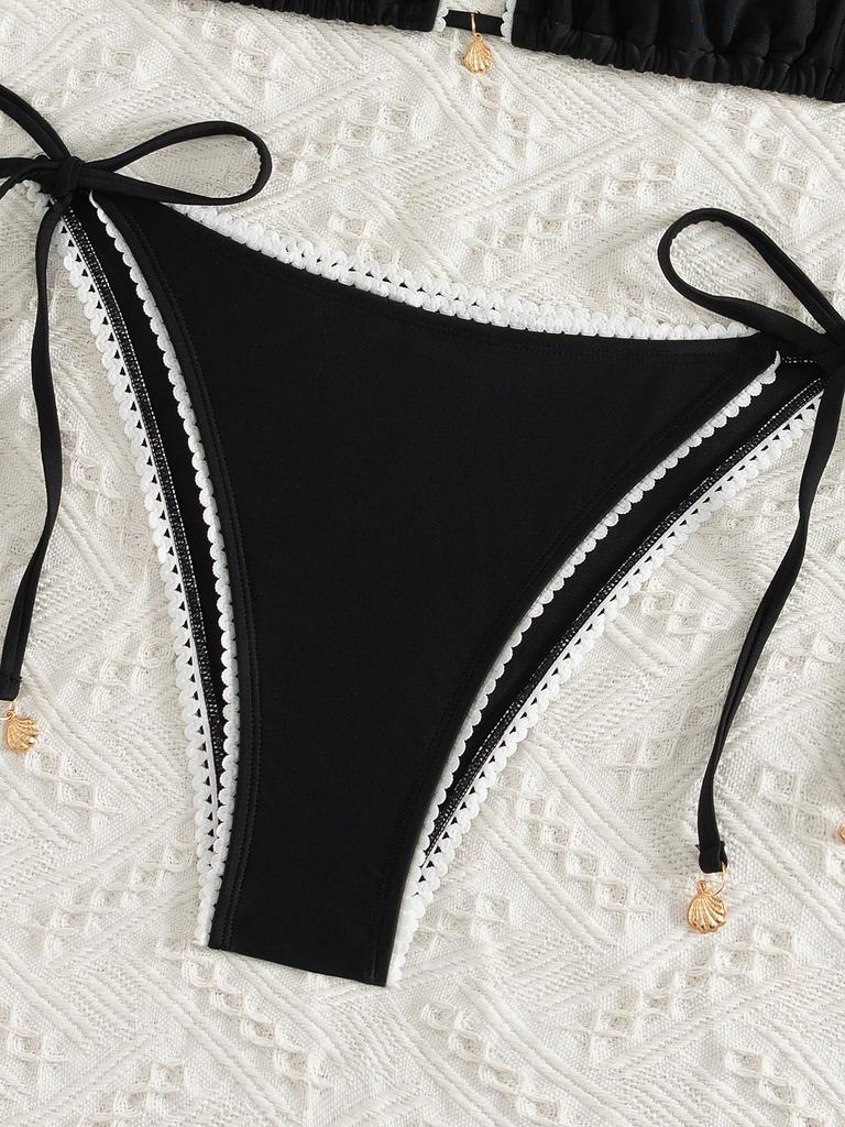 Einfarbiger Spitzenbesatz zum Binden Sexy Bikini Split Badeanzug Damen