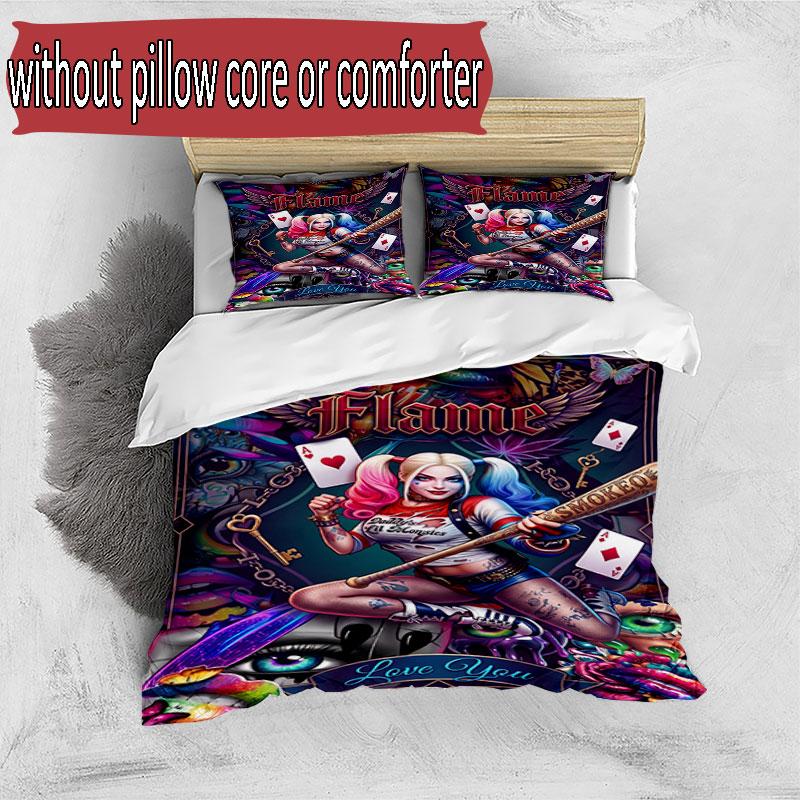 3pcs Duvet Cover Set (1*Duvet Cover + 2*Pillowcase, Without Core), Custom Name Harley Quinn Pattern Bedding Set, Home Bedroom Decor Gift