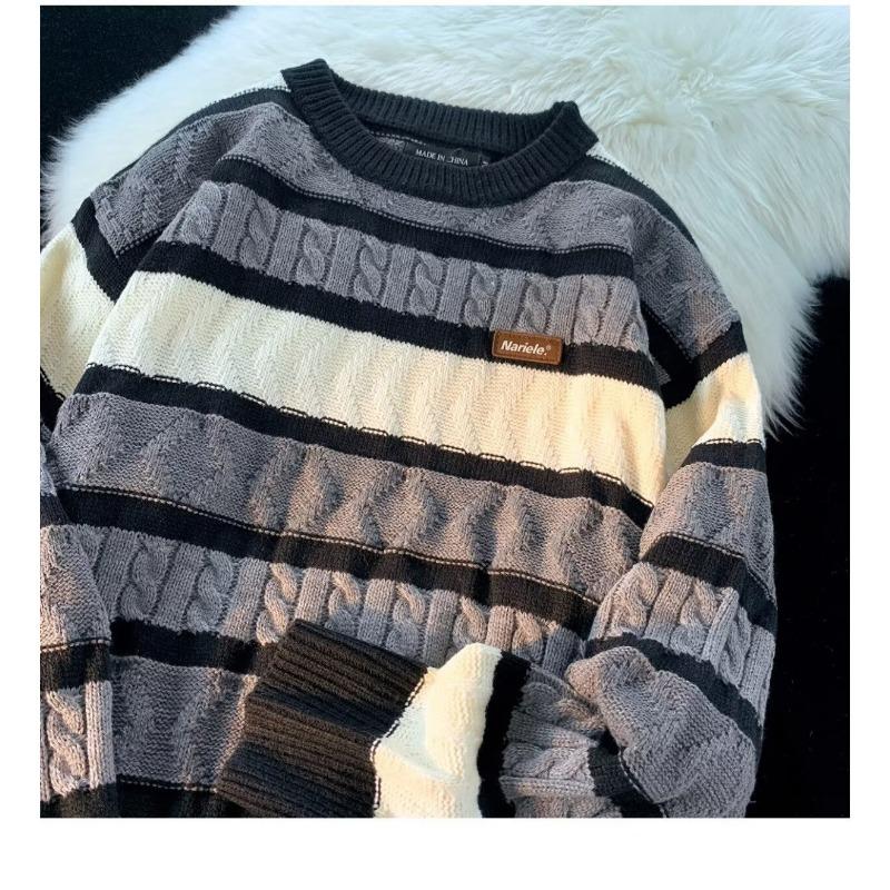 Unisex Lockere Passform Langarm Rundhals Gestreifter Strickpullover Für Herbst Winter