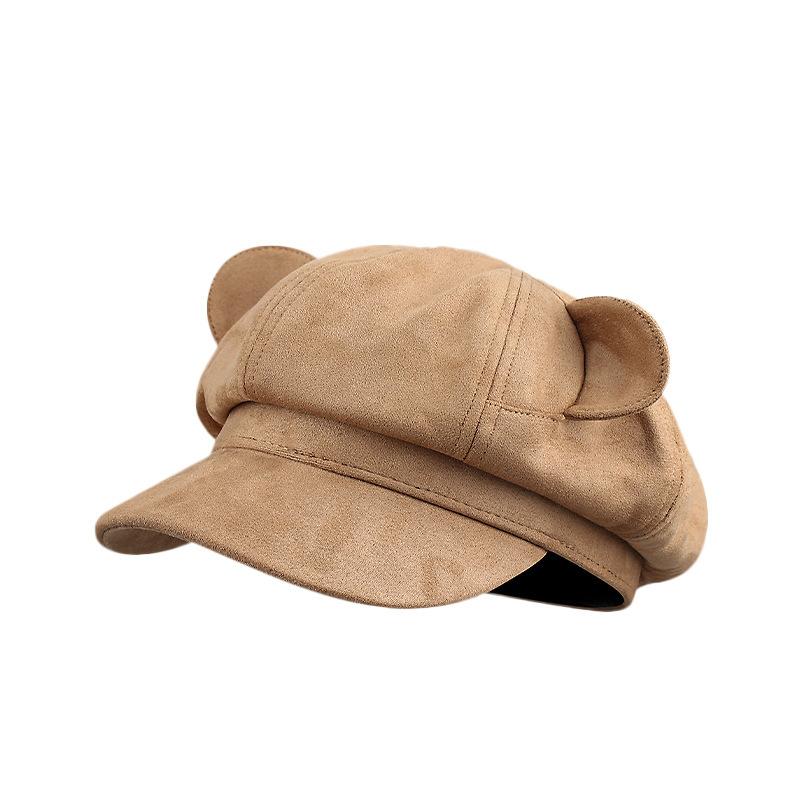New Cute Little Bear Ear Hat Women's Suede Octagonal Hat  Looks Good On The Face In Autumn and Winter  Small and Versatile Beret Trend