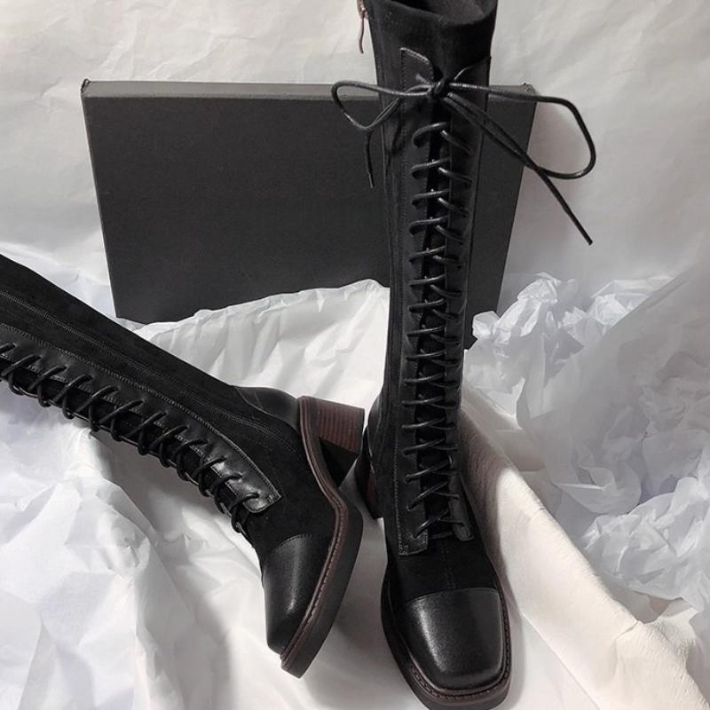High Heels Women Long Boots Chunky Lace Up Designer Shoes Fashion Winter Dress Luxury Pumps 2025 Goth Chelsea Botas  Shoes