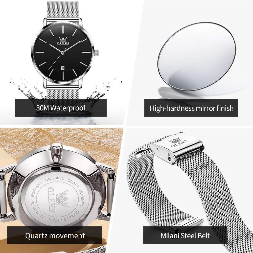 OLEVS Ultra Thin 6.5mm Minimalist Fashion Quartz Watch for Men Mesh Steel Strap Auto Date Waterproof Men Wristwatches