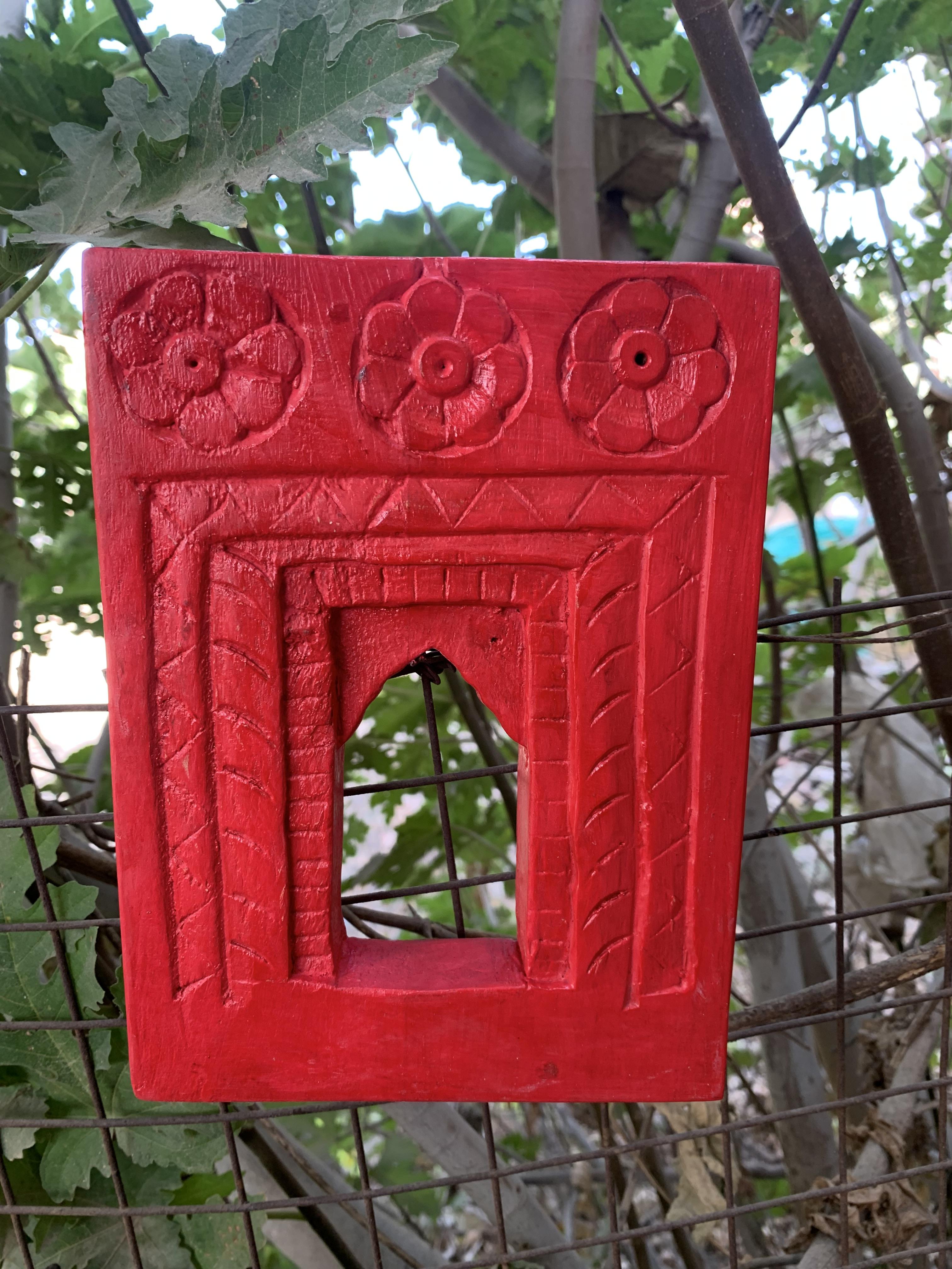 

Handmade Red Carved Wood Window Frame: Traditional Indian Jharokha Wall Decor 8 x 6 x 1 (h x l x w) approx.