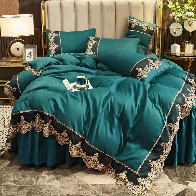 4pcs/set European Light Luxury Embroidery Lace Bed Skirt Four Piece Set Bedding Korean Princess Style Solid Nude Sleeping Comfortable Quilt Pillow Set