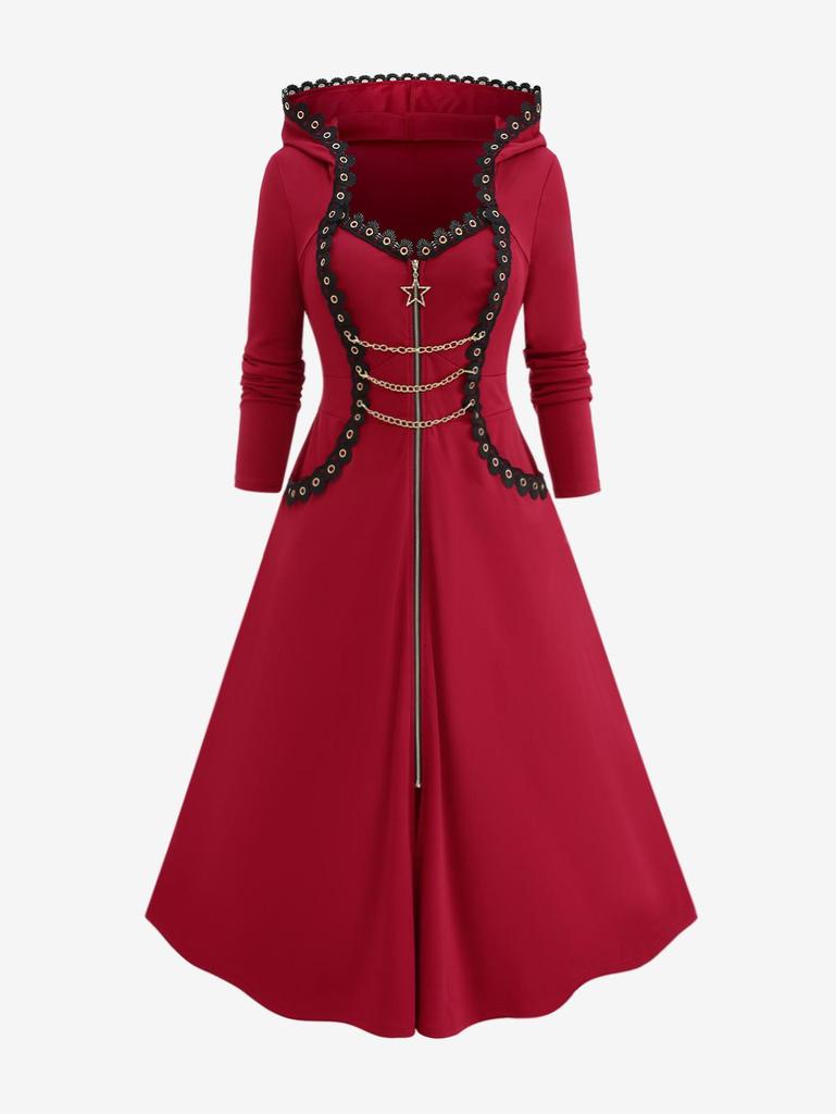Rosegal Plus Size Pentagram Zipper Lace Trim Grommets Hooded Coat