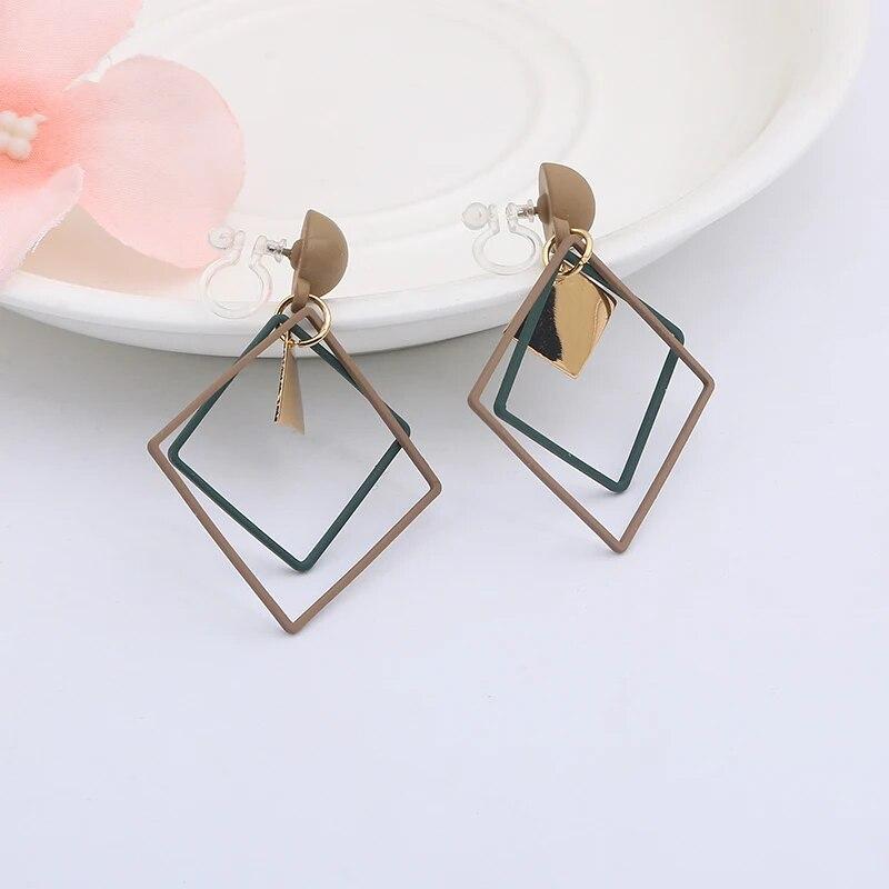 Non Pierced Temperament Long Matte Square Pendant Clip On Earrings Sequins Geometric Ear Clips Female Elegant Oorbellen Brincos