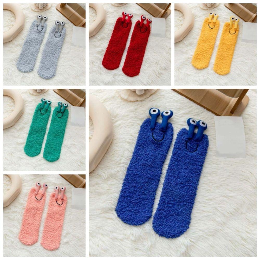 Cartoon Funny Tube Socks 3D Eyes Furry Plush Sock Kawaii Coral Fleece Socks Girls