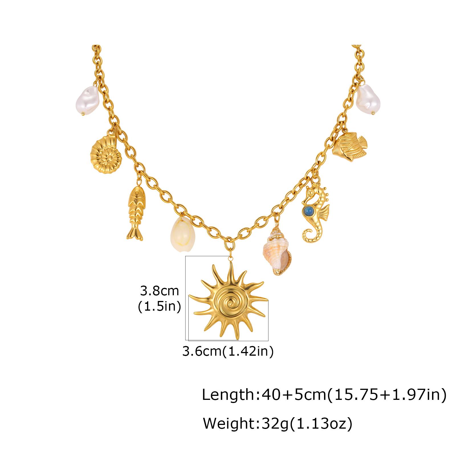 Summer Ocean Series Conch Shell Seahorse Fish Sun Necklace for Women, 18K Gold Plated Stainless Steel Charm Jewelry Gifts