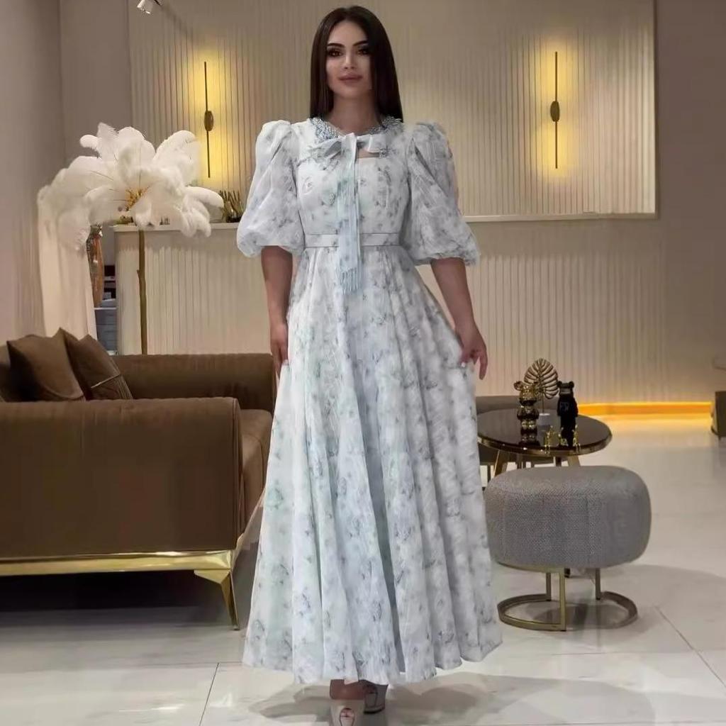 Vestido Largo Dulce Francés de Verano para Mujer 2024 con Manga Abullonada y Cintura Entallada