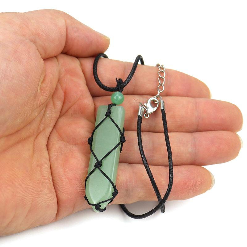 Hand-Woven Natural Stone Crystal Amethyst Sword-Shaped Mesh Pocket Pendant Necklace N578