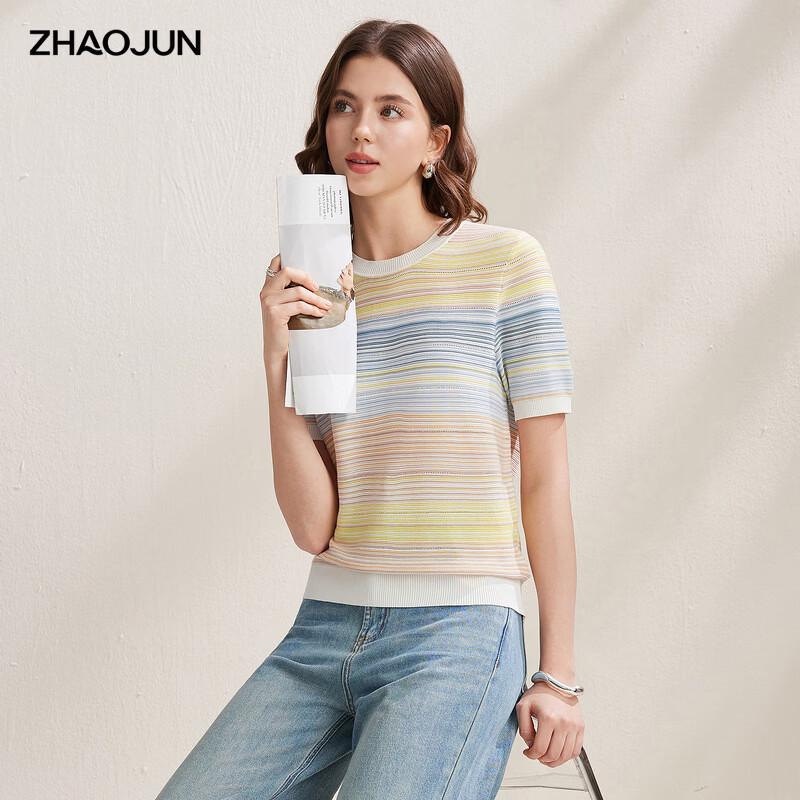 Women s Colorful Striped Silk Blend Knit T-Shirt L