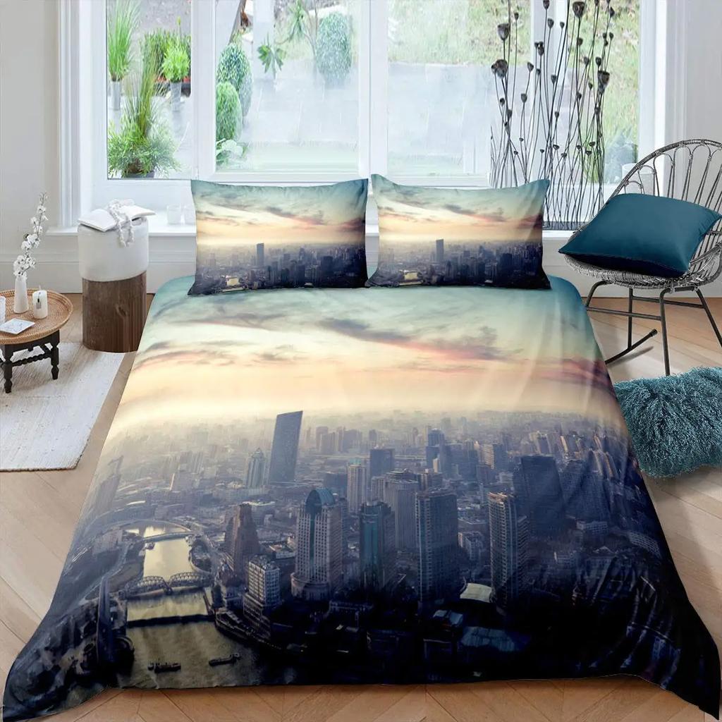 Σετ Πάπλωμα Cityscape Νυχτερινή Άποψη Νέας Υόρκης Πάπλωμα Για Αγόρια Ενήλικες Μικροΐνες Κτίριο Σετ Κλινοσκεπασμάτων 2/3 Τεμ. Υπέρδιπλο Μέγεθος