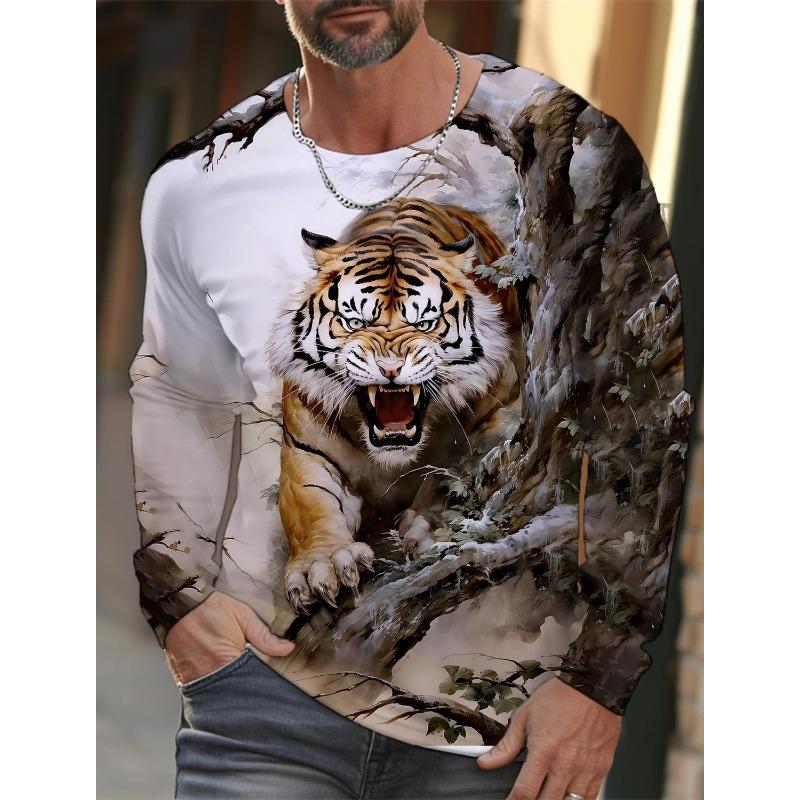 Spring and Autumn Round Neck Tiger Pattern 3D Printed Top Fashionable Casual Long Sleeved Men's T-shirts