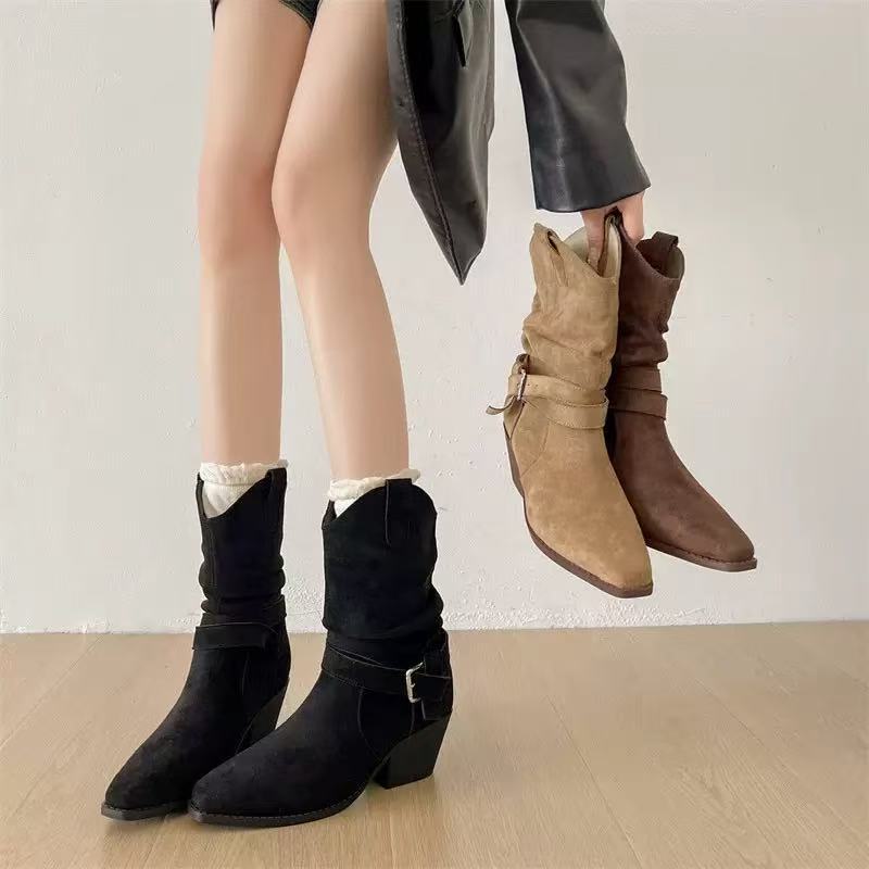Short boots women's 2025 autumn and winter new stacking boots autumn and winter square head thick heel belt buckle cover boots commuting