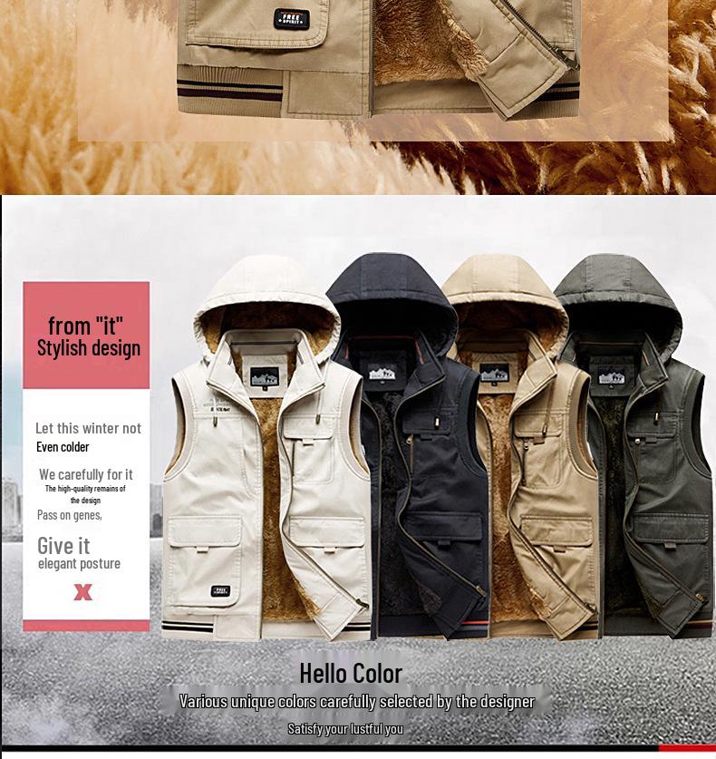 Men's Casual Fleece-Lined Cotton Vest with Shawl Collar & Multi-Pocket Design