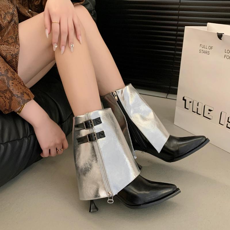 Metal Buckle Mix Color Ankle Boots Women 2025 Autumn Sexy Pointed Toe Medium Heel Modern Boots Y2K Silver Designer Shoes