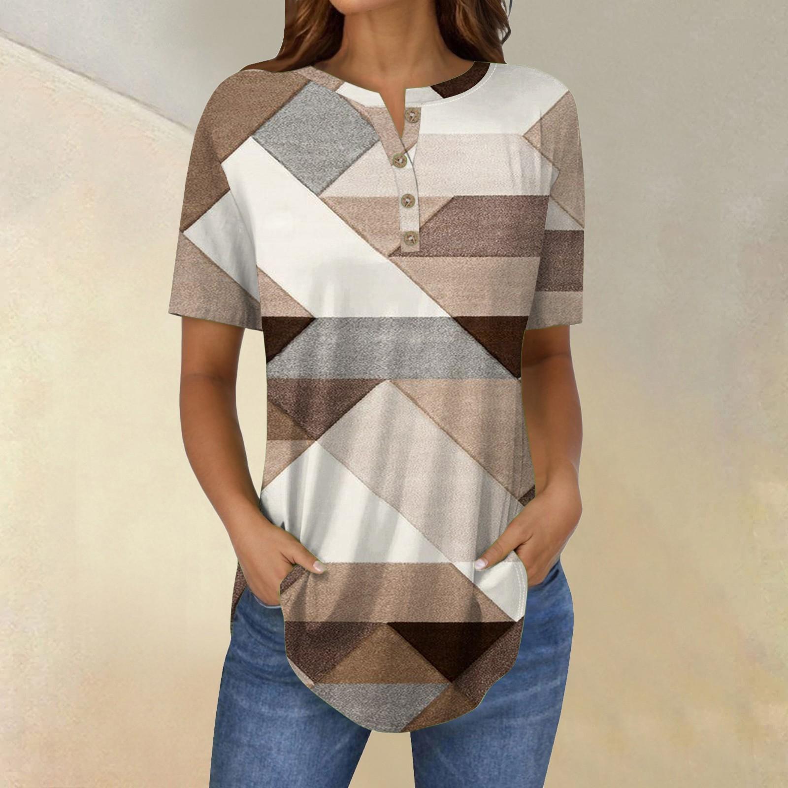 

Short Sleeve Womens Tops Summer T-Shirts Floral Print V Neck Casual Basic Tee Button Shirts Tunic Tops XXL хаки