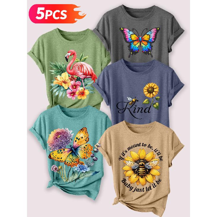 Follow a specific direction Five-piece set for women T T-shirt with vintage floral and bird print Elegant summer clothing Short-sleeved shirt for